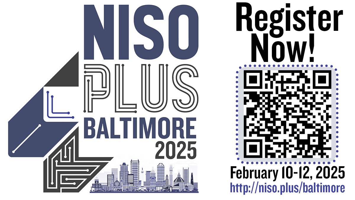 NISO Plus 2025 Baltimore logo with skyline. February 10-12, 2025. Register now! http://niso.plus/baltimore