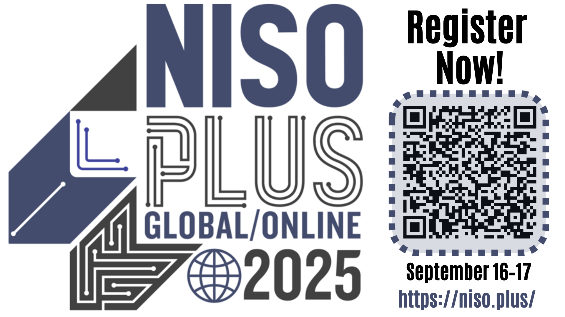 NISO Plus Global/Online 2025 logo with call to register and QR code for registration. September 16–17. https://niso.plus/
